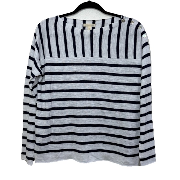 Eileen Fisher Linen Cotton Top Xs White Navy Stripe Boatneck Button Shoulder - Picture 12 of 12